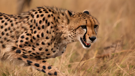 cheetah running through tall grass. A powerful hunter in its natural habitat. Wildlife photography.の素材