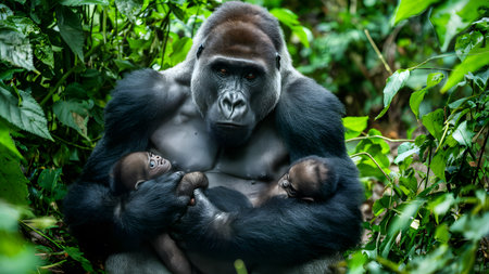 a gorilla mother lovingly cradles her two baby gorillas in a lush jungle setting. wildlife photographyの素材