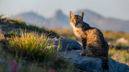 A tabby cat sits on a rock, gazing at the mountain view. A cute pet in a natural outdoor setting.の素材