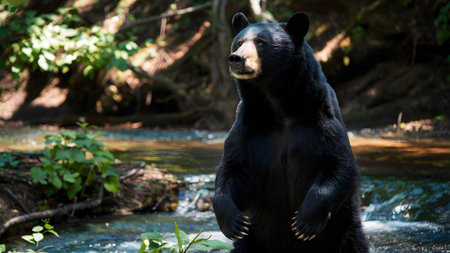 A black bear stands near a creek, looking alert in its natural forest habitat on a sunny day.の素材