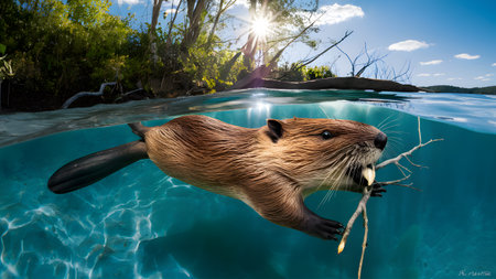 a beaver swims in clear water with sticks in its mouth, a beautiful wildlife nature photographの素材