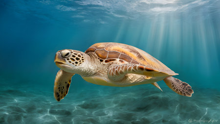 a sea turtle gracefully swims through the clear blue ocean waters, sunlight filtering through above.の素材