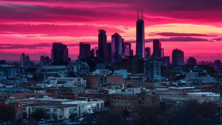 a cityscape at dusk with a pink sky over the skyline of a modern city with tall buildings and architectureの素材