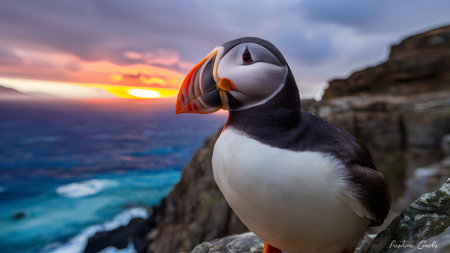 a beautiful atlantic puffin portrait with a stunning sunset and ocean view in the background scene.の素材
