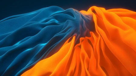 a captivating abstract background with flowing blue and orange fabric waves creating a dynamic visual.の素材
