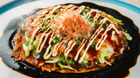 a delicious okonomiyaki, a savory pancake, topped with sauce and mayonnaise, ready to be enjoyed nowの素材