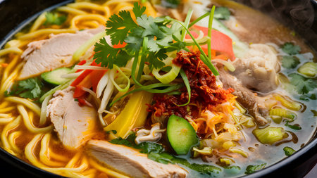 a delicious bowl of chicken noodle soup, garnished with fresh cilantro and vibrant vegetables, close upの素材