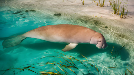 Cute sea elephant seal swimming in a turquoise water.の素材
