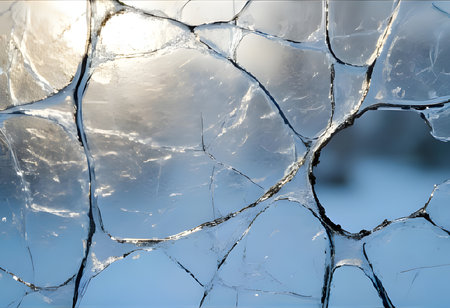 a close up of cracked ice with a blue tint, perfect for winter backgrounds and abstract designsの素材