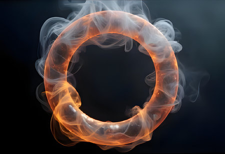 a mesmerizing abstract image of an orange ring of fire and smoke against a black background designの素材