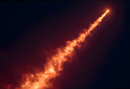 a stunning rocket launch at night with a fiery trail illuminating the dark sky. space explorationの素材