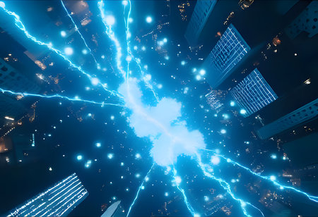 A vibrant cityscape with lightning illuminating the night sky, showcasing energy and abstract power.の素材