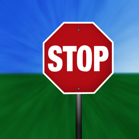 A stop sign illustration with a grass and sky background.の写真素材