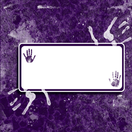 A purple background with handprint design and blank text area.の写真素材