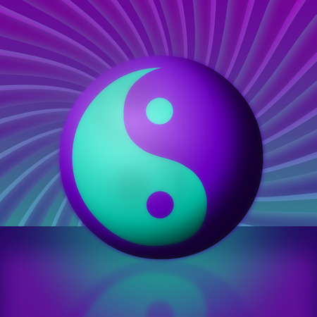 A bright purple and teal yin yang and its reflection in front of a swirling vortex.の写真素材