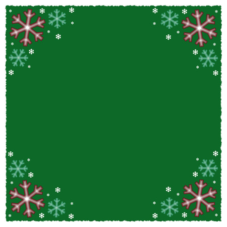 Graphic illustration of snowflakes border against green background with snow trim.の写真素材