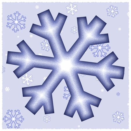 Graphic illustration of different sized snowflakes against blue background with snow border.の写真素材