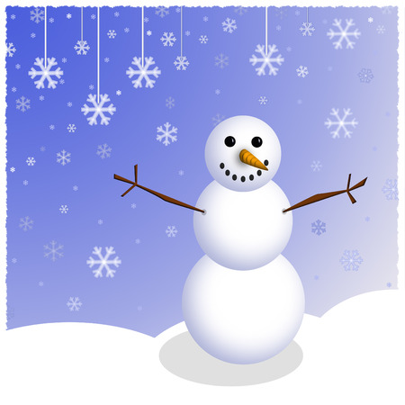 A graphic illustration of winter snowman and falling snowflakes.の写真素材