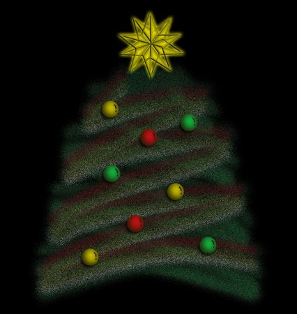 Abstract Christmas tree with ornaments and star against black background.の写真素材