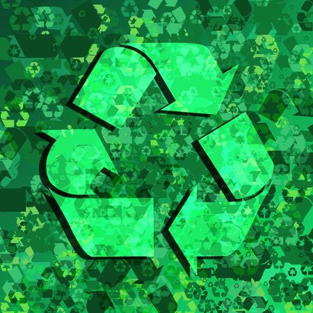 Graphic illustration of tons of recycle symbols in different shades of green against green gradient background.の写真素材