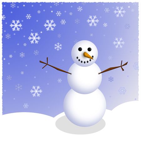 A graphic illustration of winter snowman and falling snowflakes.の写真素材