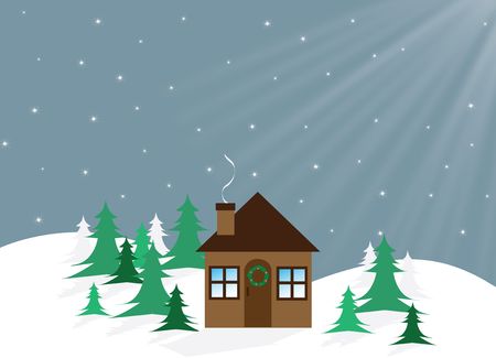 Graphic illustration of house with christmas wreath and christmas trees against a snowy background.の写真素材