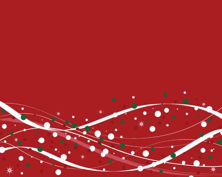 Red winter background with white abstract curves and green, red, and white Christmas dots.の写真素材