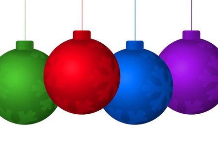 Graphic illustration of colorful hanging christmas tree ornaments isolated against a white background.の写真素材