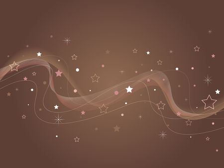 Chocolate brown swirly background with ribbons, curls, and stars in pink and lighter shades of brown.の写真素材