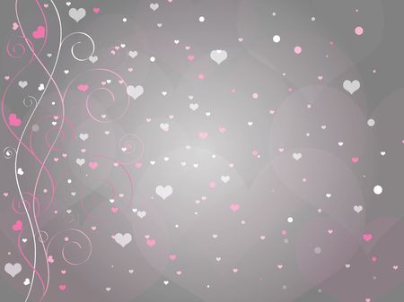 Graphic illustration of gray background with swirls and curls and hearts flying all around.の写真素材