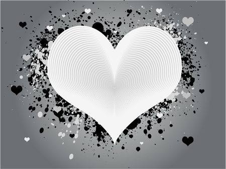 White and gray abstract heart design with grunge paint splats and scattered hearts against a gray background.の写真素材