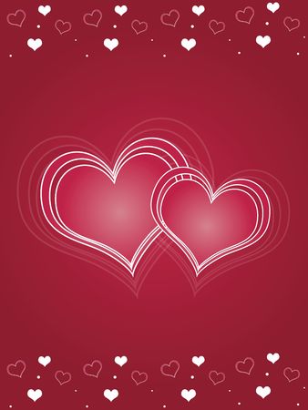Large abstract pink hearts surrounded by smaller scattered hearts against a red background.の写真素材