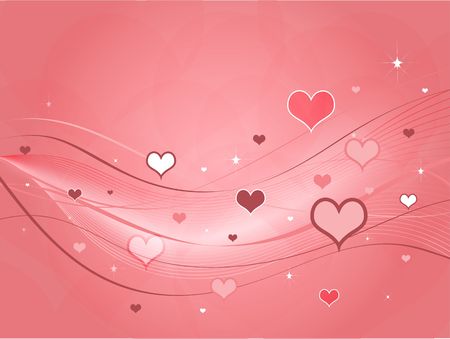 Different shapes and shades of pink hearts against a pink background with swoops and ribbons.の写真素材