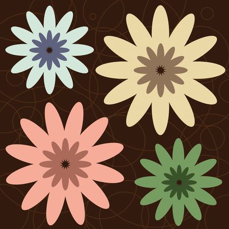 Graphic illustration of retro colored flowers against a brown background.の写真素材