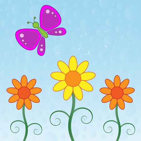 Graphic illustration of flowers and a butterfly.の写真素材