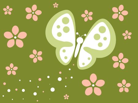 Graphic illustration of retro colored grunge butterfly with flowers and glitter trail.の写真素材