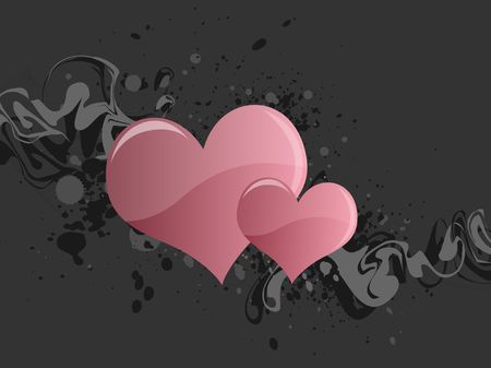 Graphic illustration of grungy lines and paint splatter with pink hearts against a gray background.の写真素材
