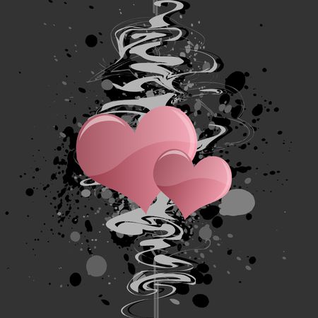 Graphic illustration of grungy abstract design with pink hearts against a gray background.の写真素材