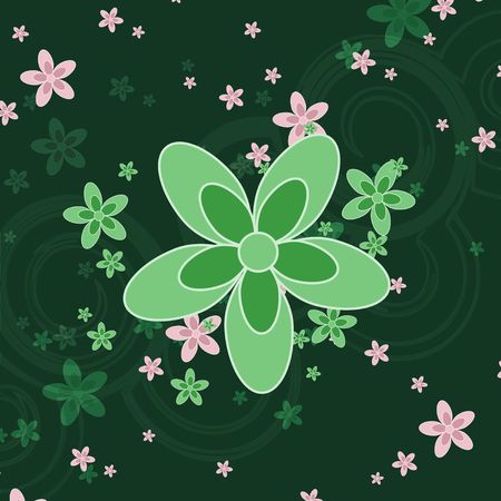 Graphic illustration of green and pink flowers in random sizes against a forest green background.の写真素材