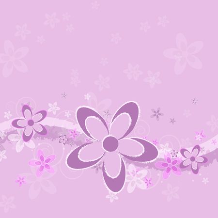 Graphic illustration of grungy abstract flowers in pink, white, and purple, with swoops against a lavender colored background.の写真素材