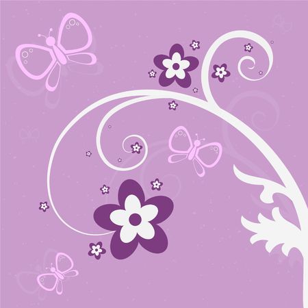 Graphic illustration of pink and purple butterflies and flowers against a lavender background.の写真素材