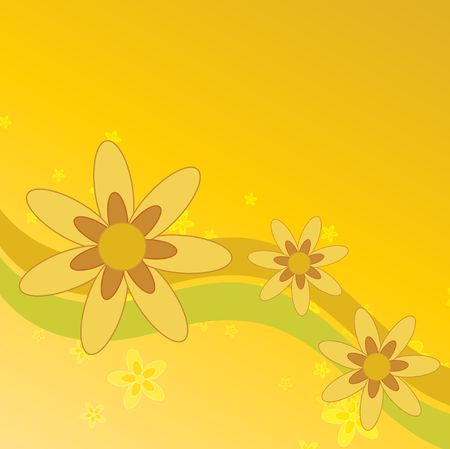 Graphic illustration of sunny summer flowers against a bright yellow background with colored swoops.の写真素材