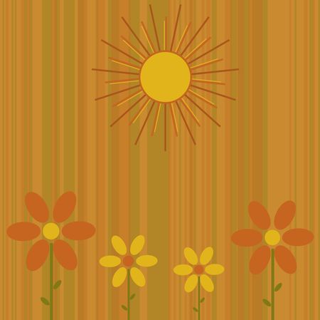 Graphic illustration of retro colored stripes with abstract flowers and sun.の写真素材