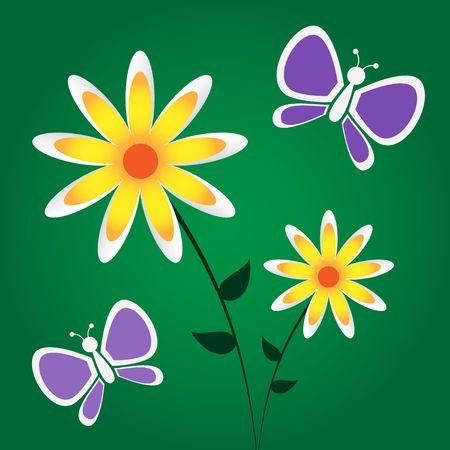 Graphic illustration of yellow and white flowers and purple butterflies against a dark green gradient background.の写真素材