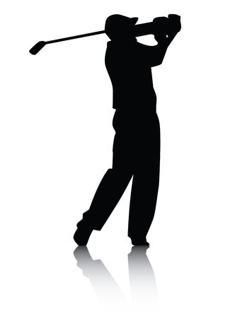 Vector illustration of a golfer swinging club silhouette with reflection in black on white background.の写真素材