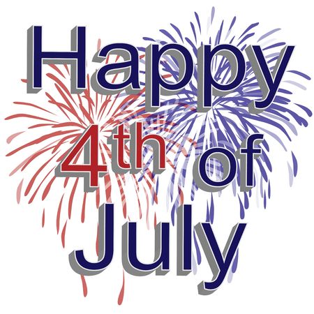 Graphic illustration of red, white, and blue fireworks with 3d text happy 4th of july on a white background.の写真素材