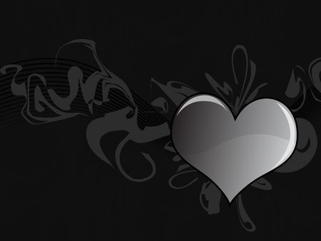 Graphic illustration of shiny heart against abstract swoops on a dark gray background.の写真素材