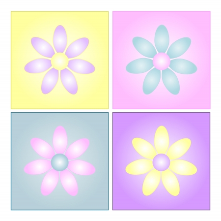 Graphic illustration of four pastel colored flowers on square gradient backgrounds.の写真素材