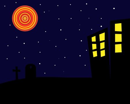 Graphic illustration of a spooky, dark  night with gravestones and old buildings.の写真素材