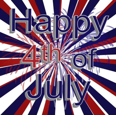 Graphic illustration of red, white, and blue vortex with firework decoration and happy 4th of july text.の写真素材